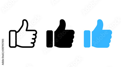 Obraz na plátně Thumbs up social media like button icons in outline solid and blue styles with p