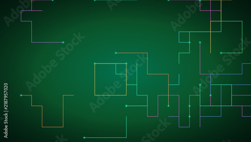 Abstract digital background with glowing colorful lines and nodes forming a network pattern