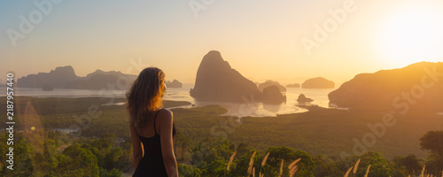 Woman Looking at Phang Nga Bay Sunrise from Samet Nangshe Viewpoint