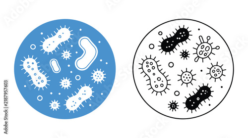 Probiotic Good Bacteria Icon Set, healthy gut microbiome, beneficial bacteria symbols, outline and solid styles, digestive health, nutrition, vector illustration.