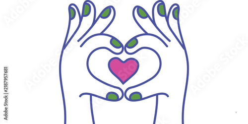 Minimalist line art hands forming heart shape, creative hand gesture with pink heart icon, simple outline illustration of love and unity
