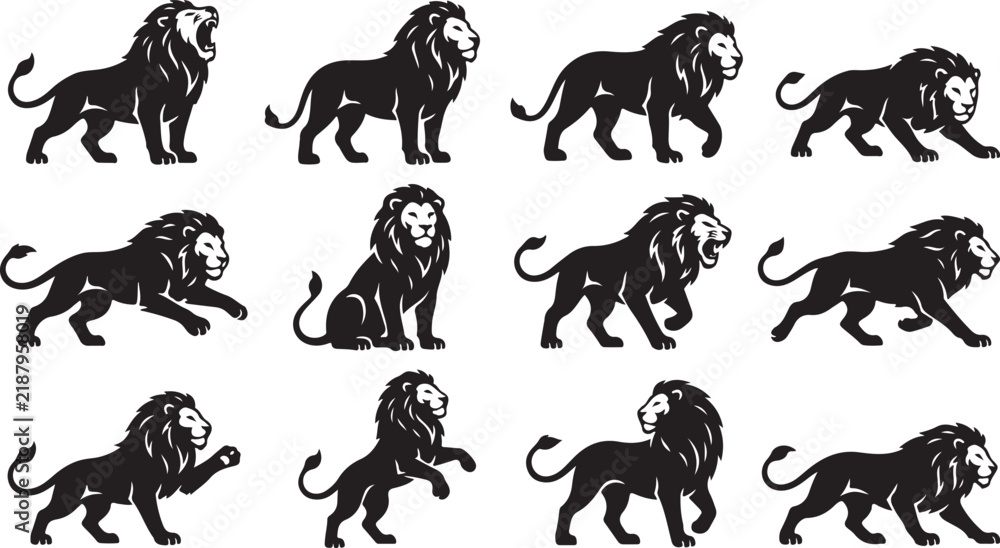 Obraz premium Collection of black silhouette of lions in various dynamic poses including walking, roaring, and sitting on white background