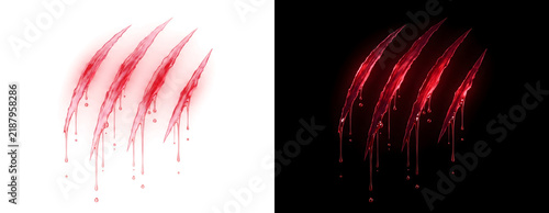 Obraz na plátně Claw marks slashing across the surface with red blood droplets for design in PNG