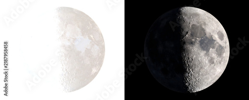 Moon in a half phase showing detailed craters and a rocky surface for design in PNG, Transparent and Black Background Versions