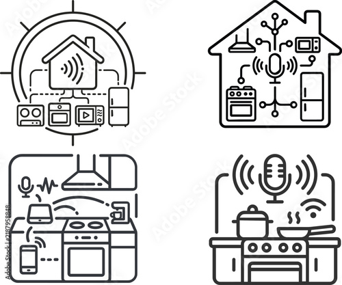Smart home icons showing connected appliances and voice control during kitchen activities with clean lines