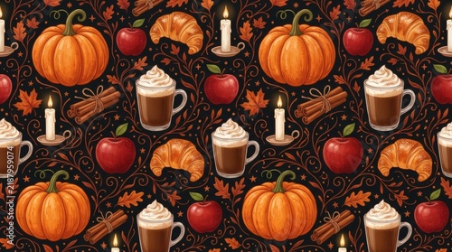 Vibrant autumnal pattern featuring pumpkins, coffee mugs, and baked goods arranged in repeating seasonal design