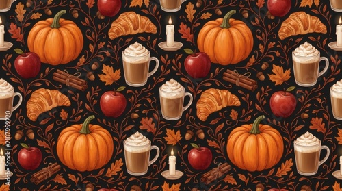 Festive autumnal pattern featuring pumpkins, apples, and coffee mugs arranged in a repeating texture design
