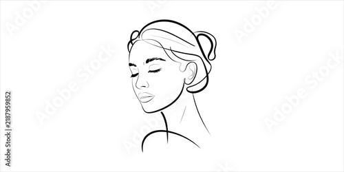 Minimalist line drawing of a beautiful young woman with her eyes closed in peace