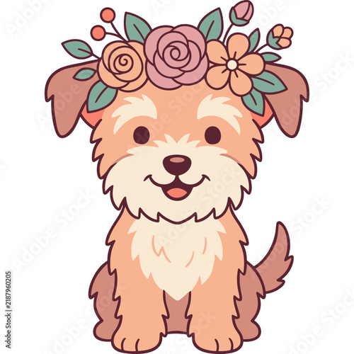 Cute cartoon puppy wearing a floral crown vector illustration isolated on white