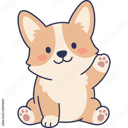 Cute Cartoon Corgi Puppy Illustration Waving its Paw with Friendly Expression and Kawaii Style