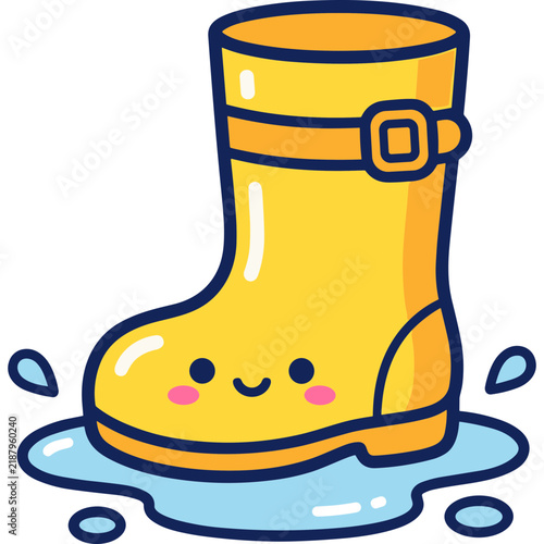 Cute Yellow Rain Boot Splashing in Water Puddle Vector Kawaii Illustration