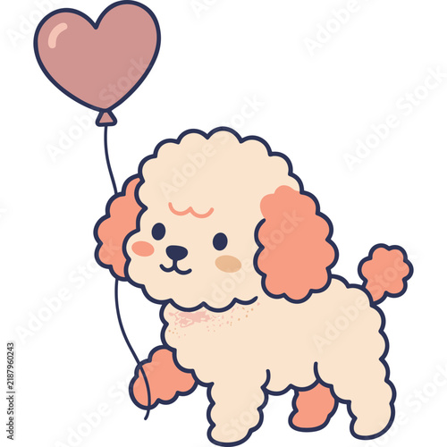 Cute cartoon poodle puppy with heart balloon illustration on white