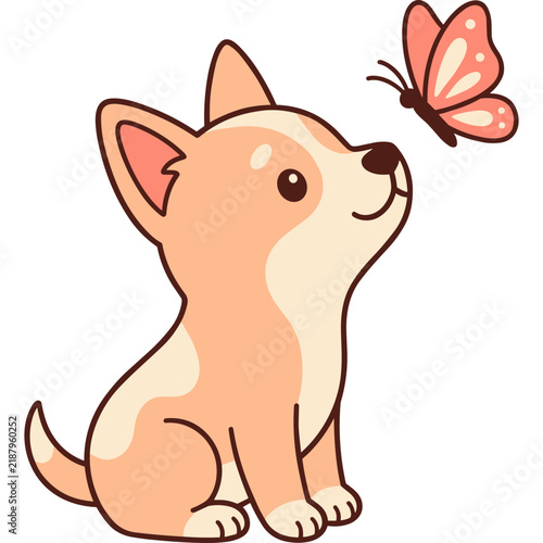 Cute Cartoon Puppy Looking Up at a Pink Butterfly Vector Illustration
