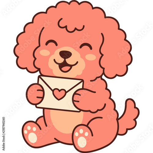 Cute Cartoon Poodle Puppy Holding Love Letter Envelope Vector Sticker Illustration