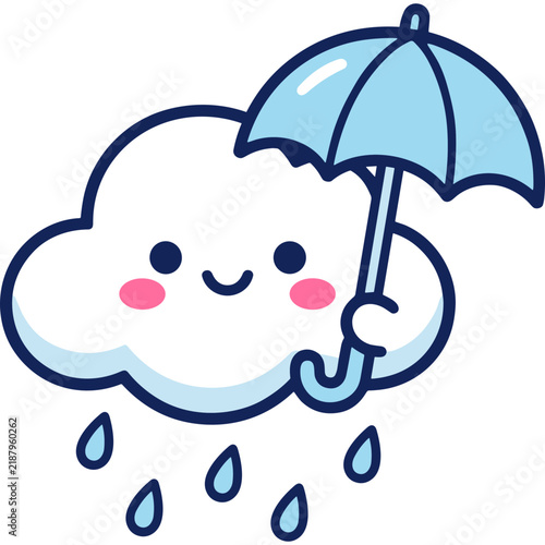 Cute Kawaii Rain Cloud Cartoon Character Holding a Blue Umbrella Vector Illustration