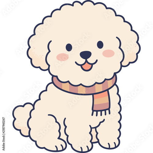 Cute Fluffy White Poodle Puppy Wearing a Colorful Striped Winter Scarf Illustration