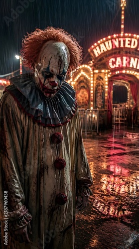 Creepy Clown Standing Outside a Haunted Carnival in Rain
