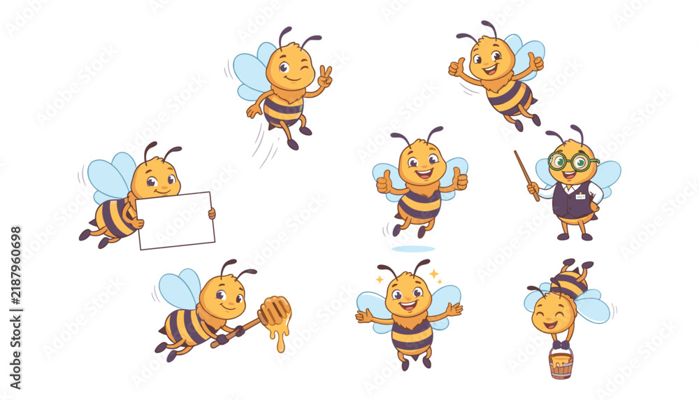 Obraz premium Cute cartoon honey bee character set in different poses isolated on white background vector illustration