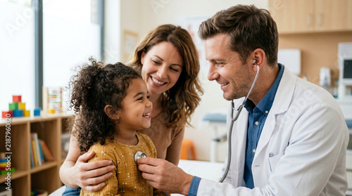 Doctor examines child with stethoscope, mother watches, happy doctor visit