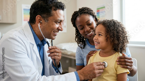 Doctor examines child with stethoscope, mother watches smiling in clinic