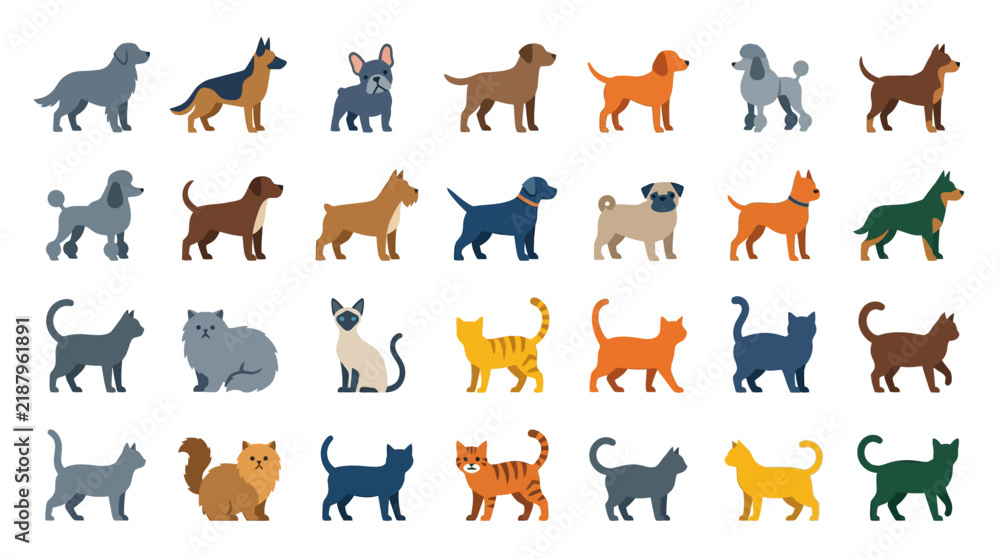 Fototapeta premium Comprehensive collection of minimalist flat vector icons featuring diverse dog and cat breeds. Includes silhouettes of poodles, shepherds, bulldogs, and various feline poses for pet care.