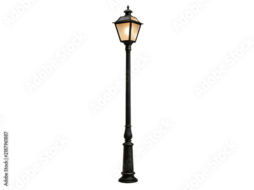 Classic black metal street lamp with glowing lantern isolated on a clean white background