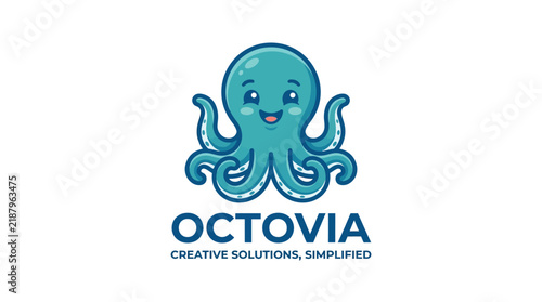Cute blue octopus mascot logo for creative business solutions.