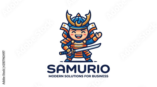 Cute Blue Samurai Warrior Character Mascot Logo Design