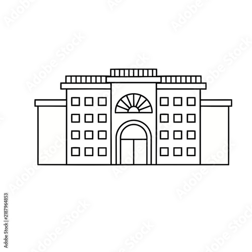 Outline of a building with windows and arched doorway