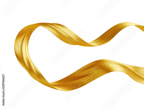 Golden silk ribbon flowing in a wave shape isolated on a white background with copy space
