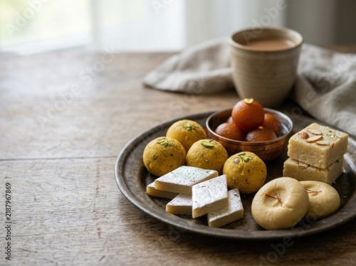 Indian Sweets Assortment on a Rustic Plate with Tea