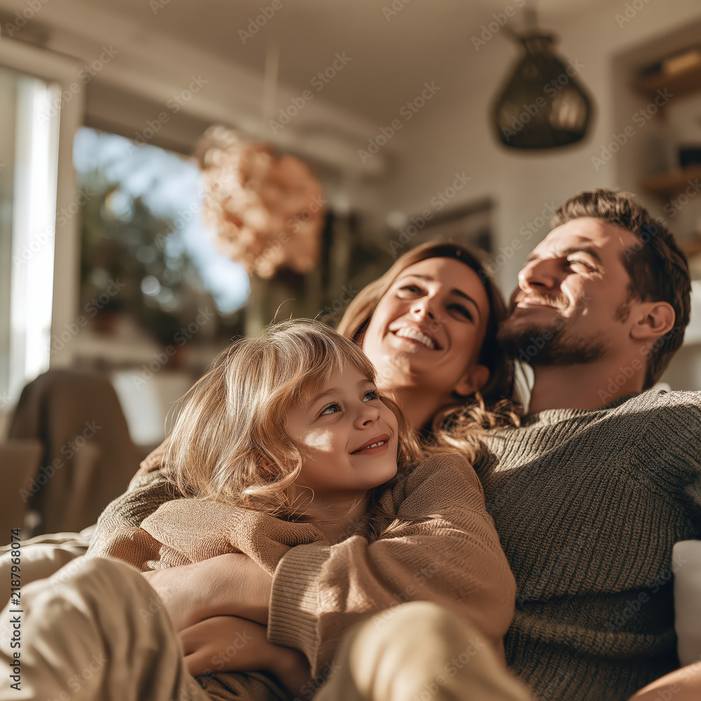 Obraz premium Happy family portrait in warm natural light showing joyful parents and child at home