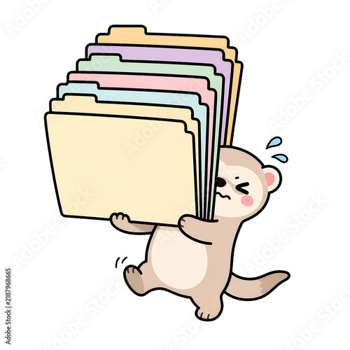 Cream colored folder stack carried by worried cartoon animal with colorful paper and sweat drops