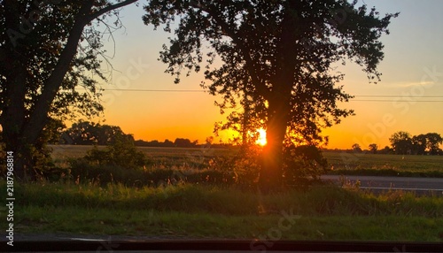 Tapety artystyczne 車の窓から見る夕暮れの田舎道と空
