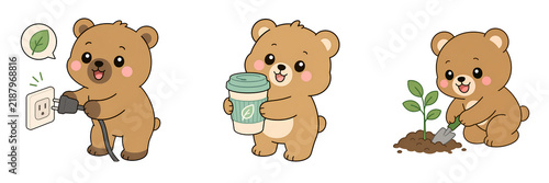 Cute bear eco energy coffee cup plant seedling sustainability cartoon bear with eco coffee cup and plug encouraging green energy and tree planting