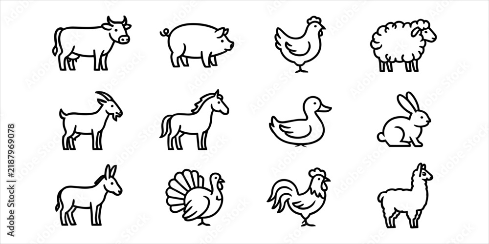 Obraz premium A collection of twelve black line of farm animals isolated on a plain white background, set de