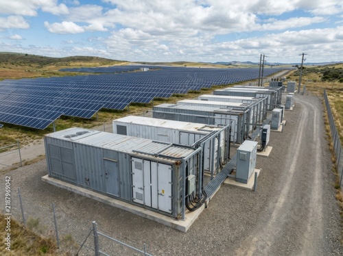 Large scale battery storage containers next to a solar power farm
