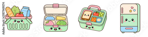 Illustration of kitchen lunch box, picnic basket, refrigerator, fruit, vegetable, and sandwich with cheerful expression