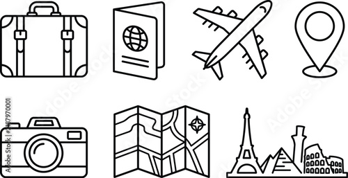 Set of travel icons with suitcase, airplane, map and landmarks in a simple line art style.