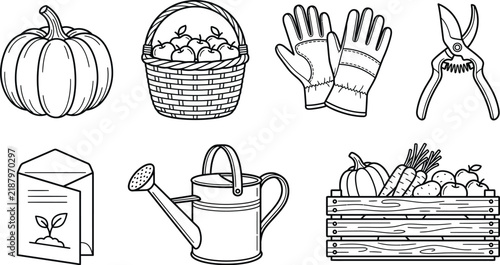 Garden and harvest icons set with pumpkin, basket, tools, and crate of vegetables.