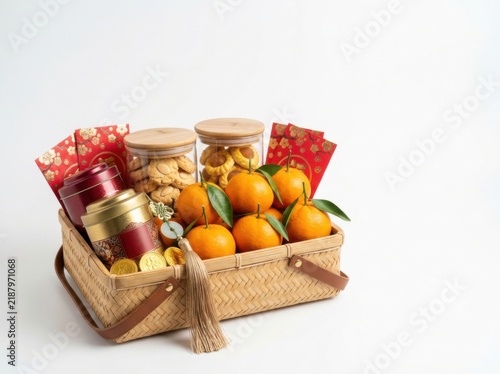 Prosperity Gift Hamper with Oranges, Cookies, and Red Envelopes for Lunar New Year Celebrations