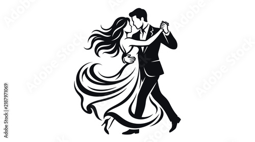 Bild auf Leinwand Silhouette of a dancing couple in elegant attire a black and white illustration