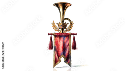Imperial herald trumpet with royal crown emblem and fringed red banner. Medieval monarchy and victory announcement. Vertical golden horn with velvet heraldic pennant isolated on white