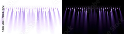 Stage lights of purple spotlight beams shining from a truss rig for overlay use in PNG, Transparent and Black Background Versions