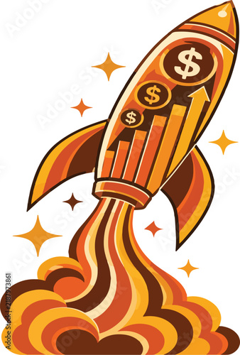 Retro 70s style finance rocket ship with dollar coins vector