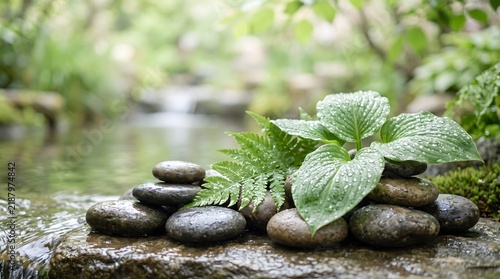 Zen basalt stones stacked with green leaves and bamboo by serene flowing water stream