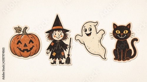 Vintage Halloween clipart set featuring a jack-o-lantern witch ghost and black cat illustration