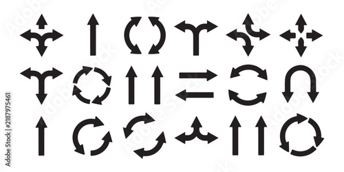 Black circular and multi directional flow arrow icon set for process diagrams and system design.