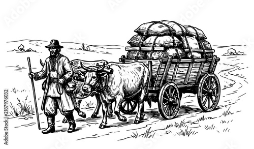 Bild auf Leinwand Peasant Walking with Ox Cart Loaded with Sacks Hand Drawn Vector Illustration
