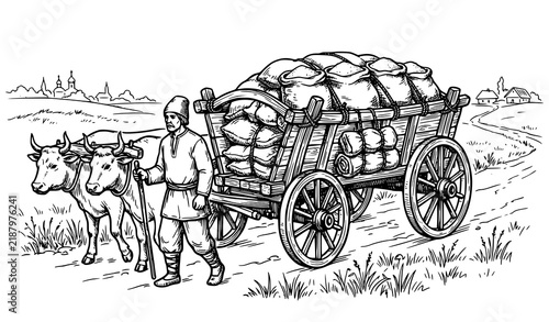 Bild auf Leinwand Farmer Leading Ox Cart Loaded with Sacks Through Countryside Hand Drawn Vector I